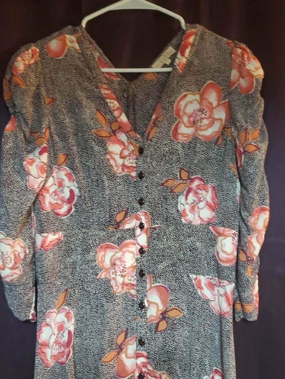 Floral Button-Front Midi Dress in Brown and Pink